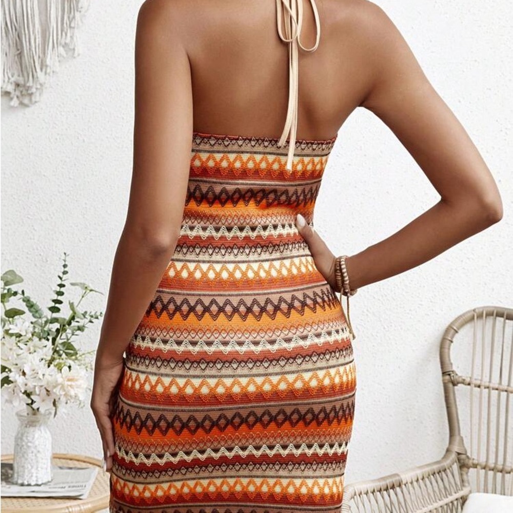 Maternity Boho Geometric Halter Backless  Knot Bodycon Mini Dress Orange Size S